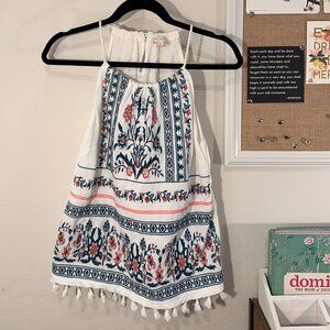Skies Are Blue Boho Embroidered Tassel Tank Top